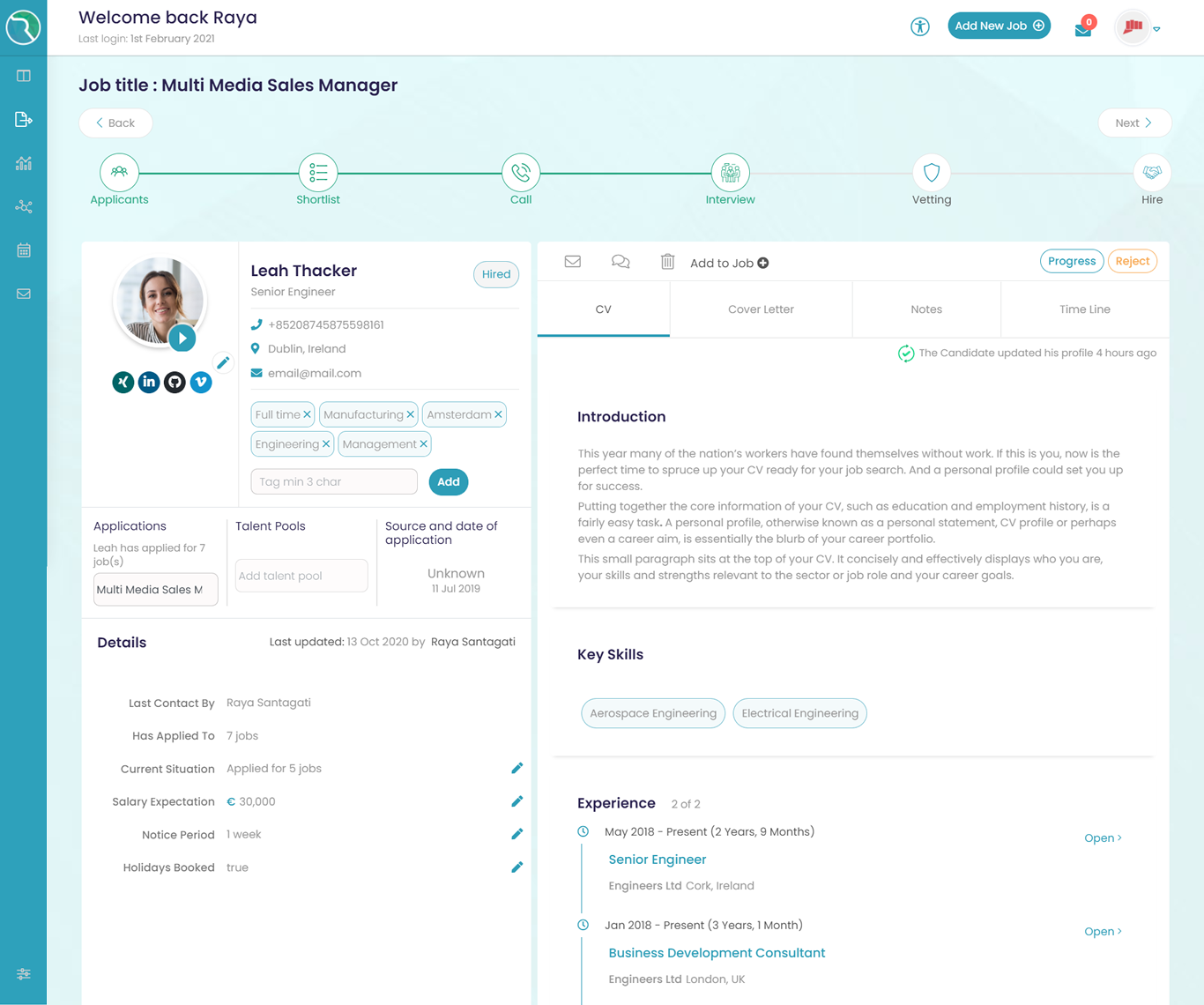 Candidate profile screenshot